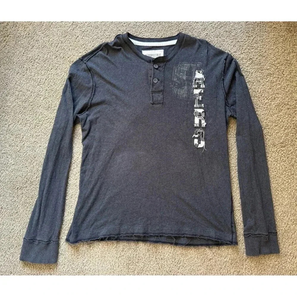 AEROPOSTALE Men's Long Sleeve Pullover Crew Tshirt Gray Distressed Spellout XL